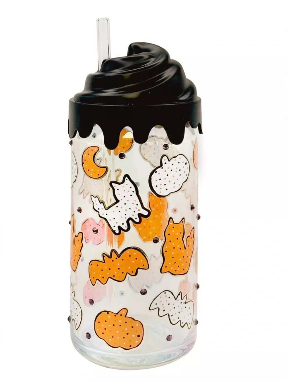 Sheffield Home Halloween Glass Tumbler 20 oz Cats Bats Ghosts Pumpkin Straw NWT